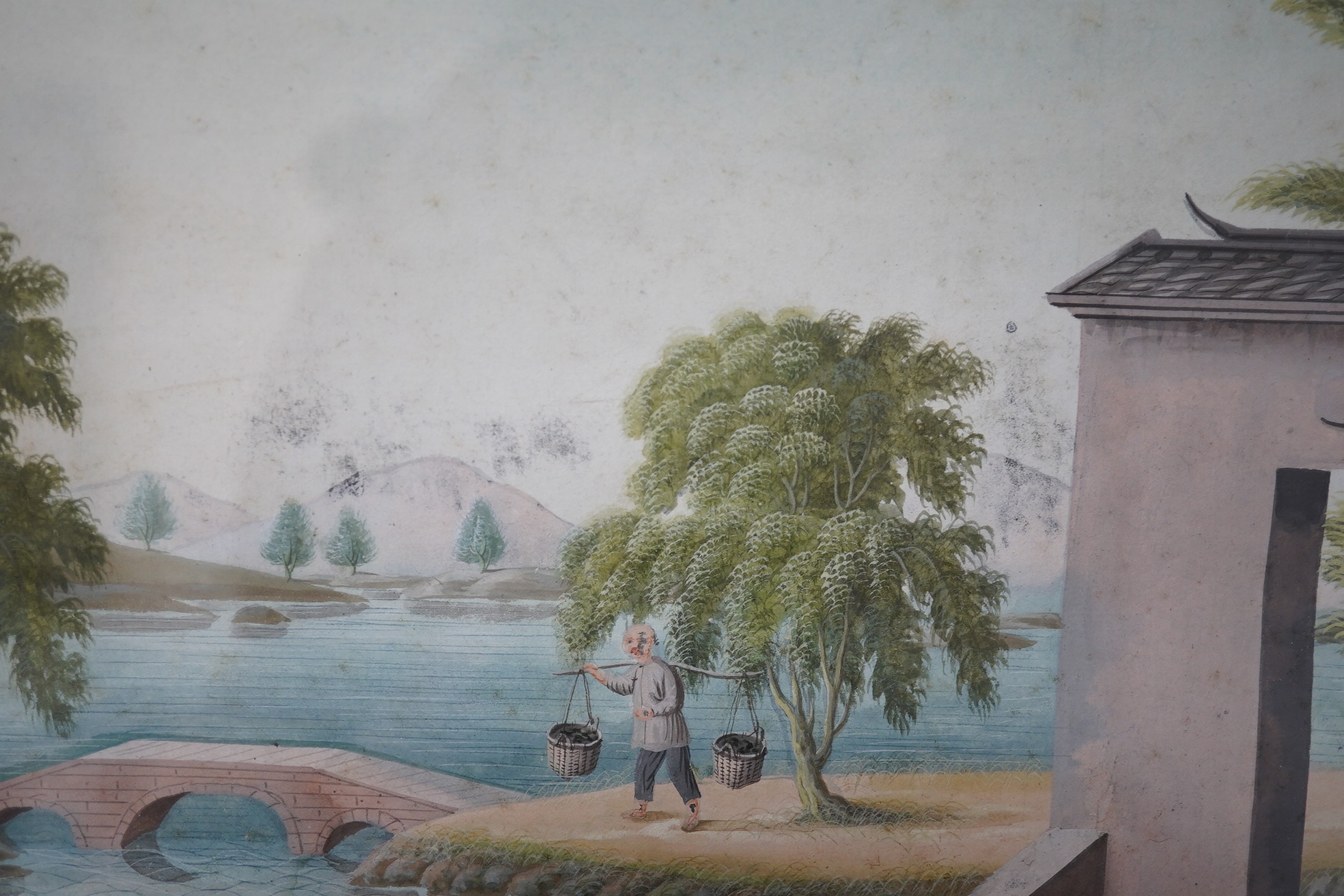 China Trade, Guangzhou School, c.1805, gouache on paper, figures in a pavilion